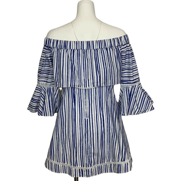 N/Nicholas Washed Stripe Off Shoulder Top Tunic 6 Cutout Bell Sleeve Resortwear - Picture 2 of 12